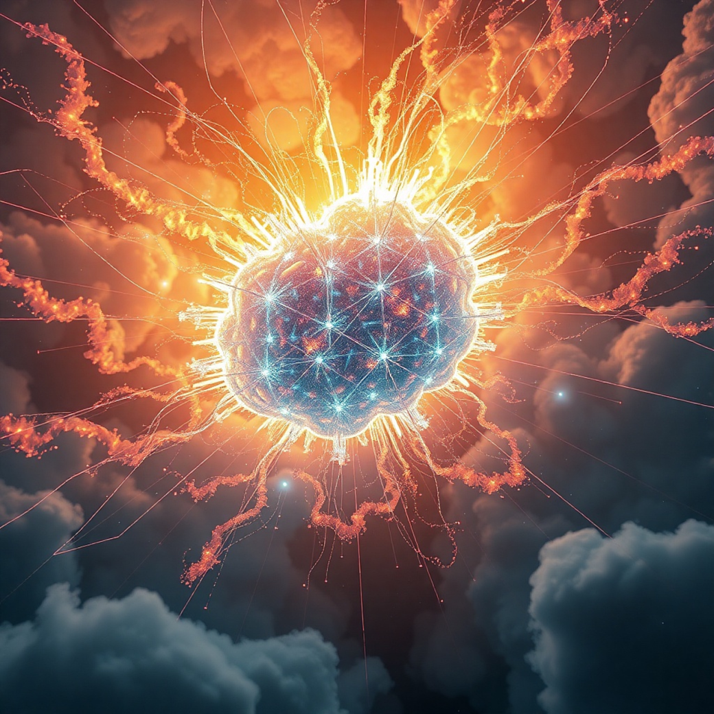 artificial intelligence neurons network explosion light creativity future blue orange science modern digital innovation